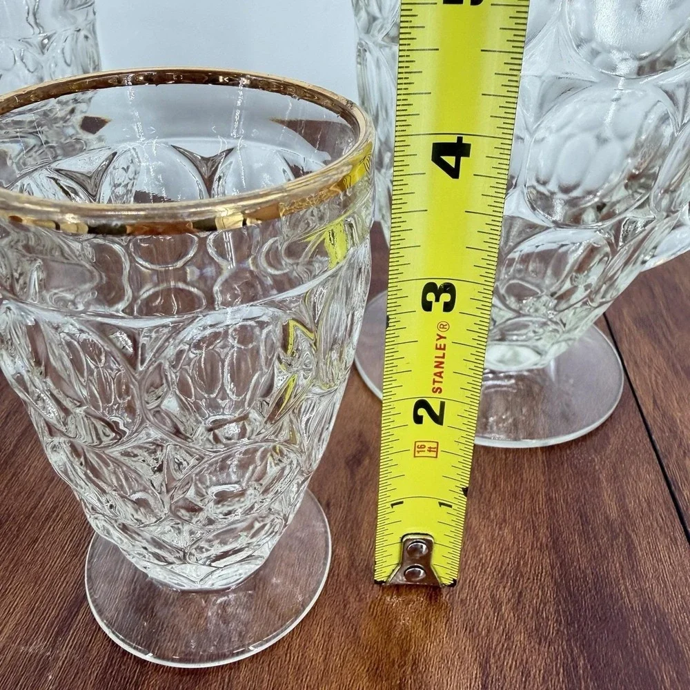 VTG Jeannette Thumbprint Gold Trim Juice Glasses Pitcher Tray Set Mid Century